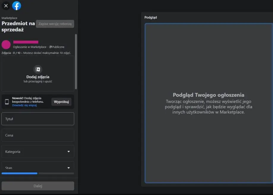 Facebook Marketplace - Panel dodawania produktu