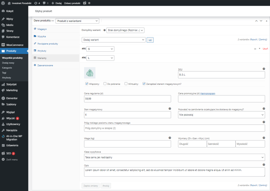 Uzupełnienie wariantów w WooCommerce - Zarządzanie produktami