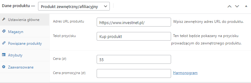 Produkt zewnętrzny afiliacyjny WooCommerce - zarządzanie produktami