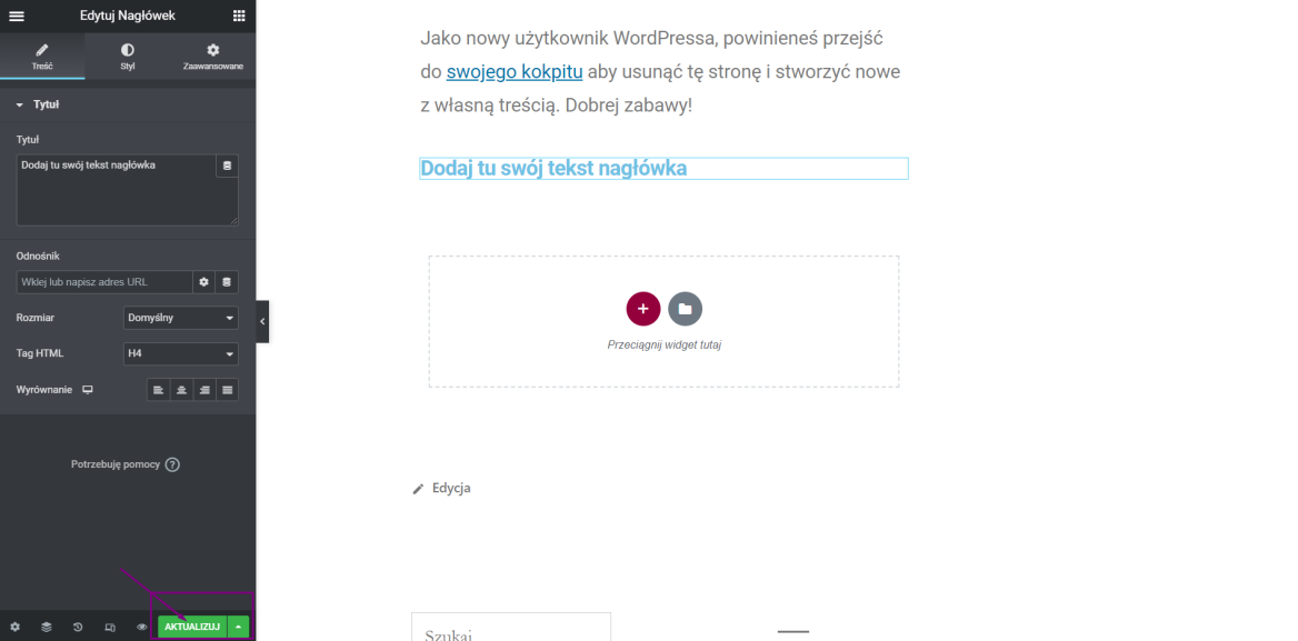 Aktualizacja treści strony w Elementor