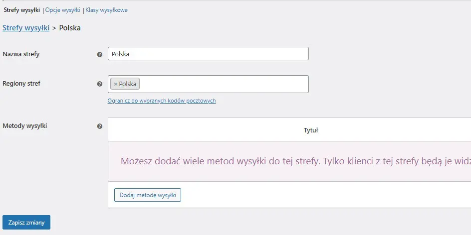 Konfiguracja strefy wysyłki WooCommerce