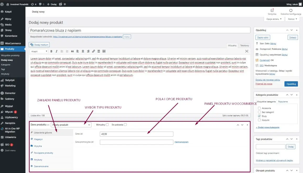 Panel produktu WooCommerce