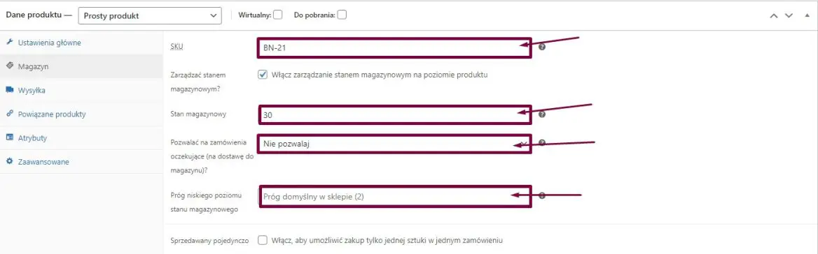 Stan magazynowy - produkty proste WooCommerce