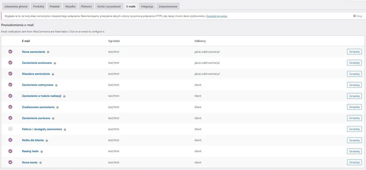 Ustawienia e-maili WooCommerce