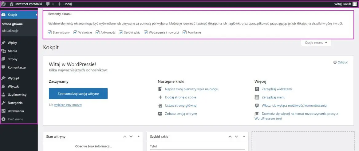 WordPress - kokpit panelu administracyjnego