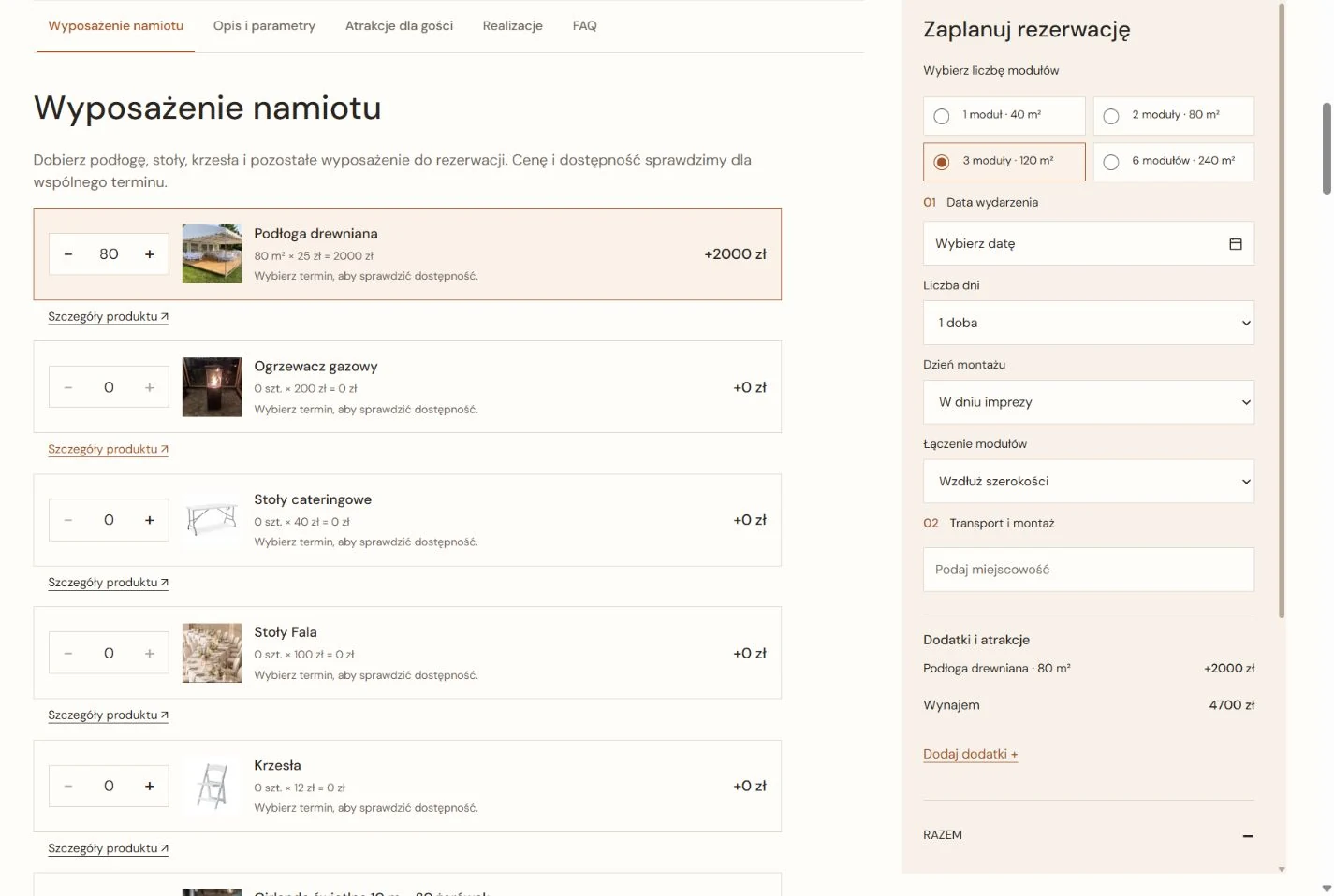 System rezerwacji WordPress - moduły namiotu i wybór ilości wyposażenia MoonEvents