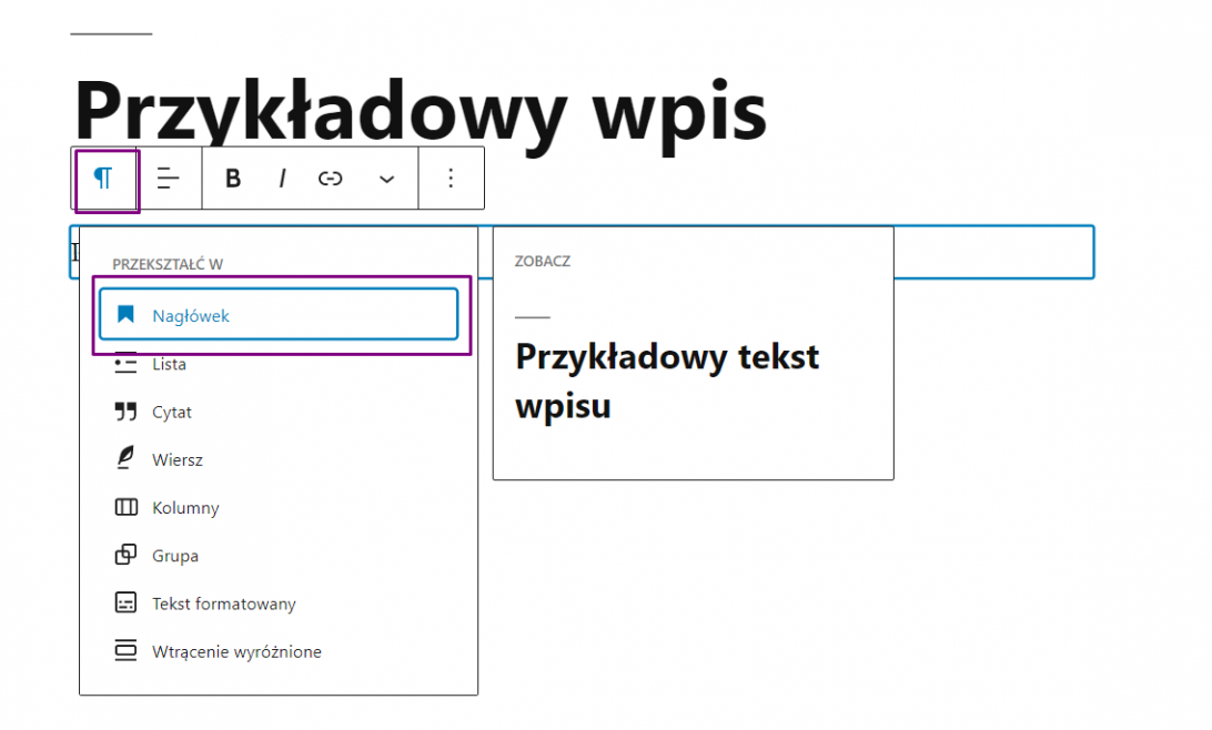 Zmiana akapitu na nagłówek w Gutenberg