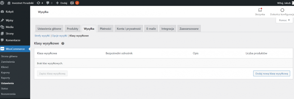 Dodawanie klasy wysyłkowej WooCommerce