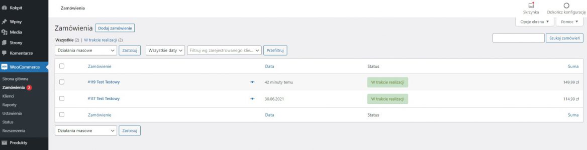 Lista zamówień WooCommerce