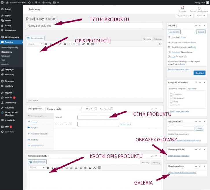 Okno dodawania produktu prostego WooCommerce