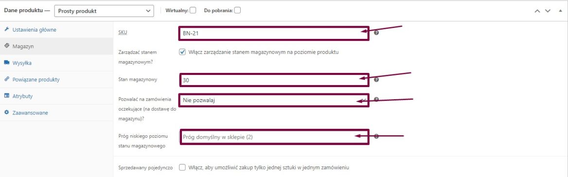 Stan magazynowy - produkty proste WooCommerce