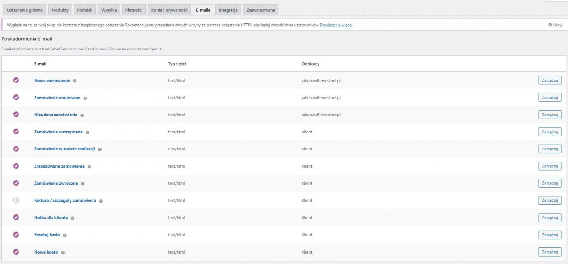 Ustawienia e-maili WooCommerce