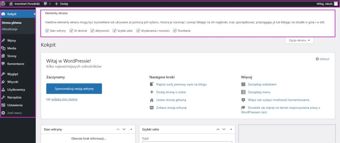 WordPress - kokpit panelu administracyjnego